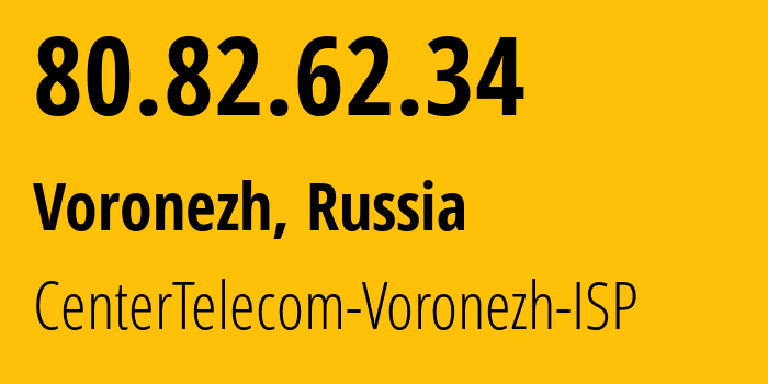 IP address 80.82.62.34 (Voronezh, Voronezh Oblast, Russia) get location, coordinates on map, ISP provider AS21017 CenterTelecom-Voronezh-ISP // who is provider of ip address 80.82.62.34, whose IP address