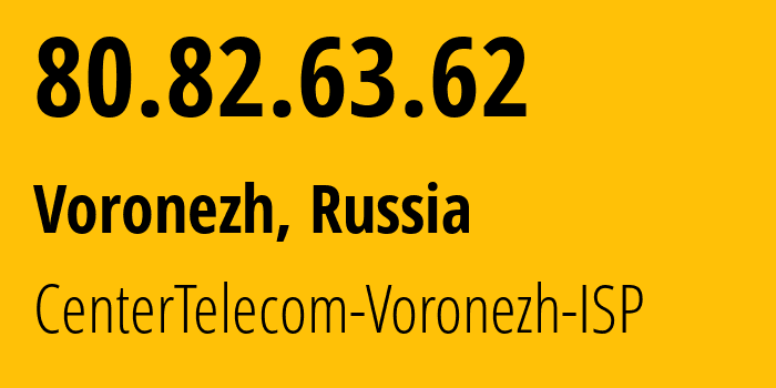 IP address 80.82.63.62 (Voronezh, Voronezh Oblast, Russia) get location, coordinates on map, ISP provider AS21017 CenterTelecom-Voronezh-ISP // who is provider of ip address 80.82.63.62, whose IP address