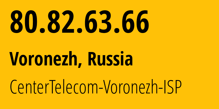 IP-адрес 80.82.63.66 (Воронеж, Воронежская Область, Россия) определить местоположение, координаты на карте, ISP провайдер AS21017 CenterTelecom-Voronezh-ISP // кто провайдер айпи-адреса 80.82.63.66