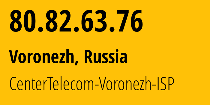 IP-адрес 80.82.63.76 (Воронеж, Воронежская Область, Россия) определить местоположение, координаты на карте, ISP провайдер AS21017 CenterTelecom-Voronezh-ISP // кто провайдер айпи-адреса 80.82.63.76