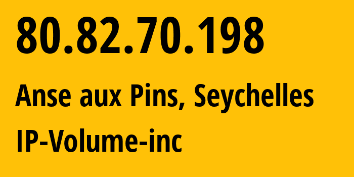 IP-адрес 80.82.70.198 (Anse aux Pins, Анс-о-Пен, Сейшелы) определить местоположение, координаты на карте, ISP провайдер AS202425 IP-Volume-inc // кто провайдер айпи-адреса 80.82.70.198