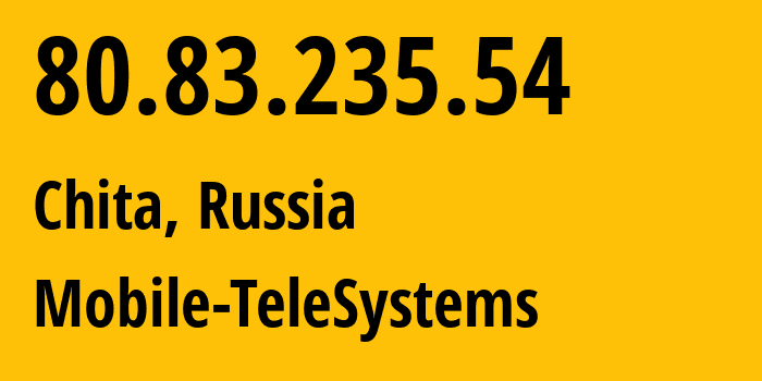 IP-адрес 80.83.235.54 (Чита, Забайкальский Край, Россия) определить местоположение, координаты на карте, ISP провайдер AS8359 Mobile-TeleSystems // кто провайдер айпи-адреса 80.83.235.54