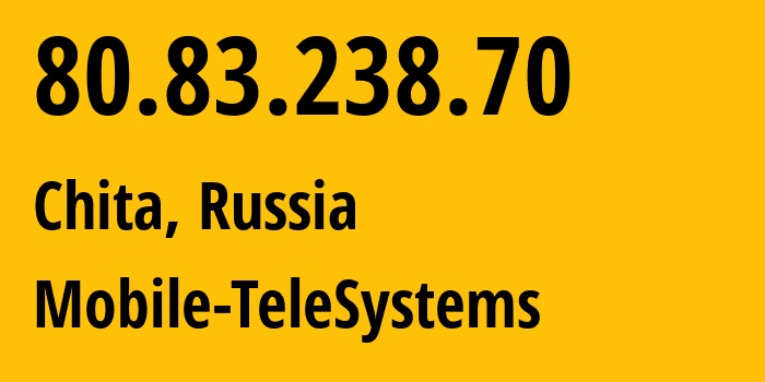 IP-адрес 80.83.238.70 (Чита, Забайкальский Край, Россия) определить местоположение, координаты на карте, ISP провайдер AS8359 Mobile-TeleSystems // кто провайдер айпи-адреса 80.83.238.70