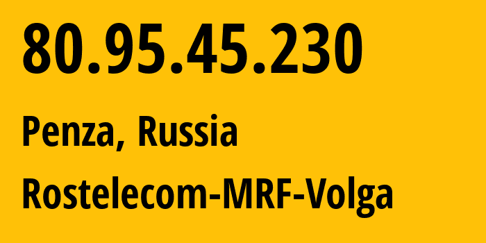 IP-адрес 80.95.45.230 (Пенза, Пензенская Область, Россия) определить местоположение, координаты на карте, ISP провайдер AS12389 Rostelecom-MRF-Volga // кто провайдер айпи-адреса 80.95.45.230