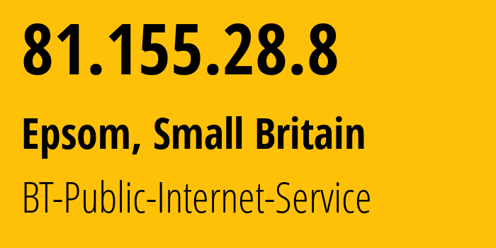 IP address 81.155.28.8 (Epsom, England, Small Britain) get location, coordinates on map, ISP provider AS2856 BT-Public-Internet-Service // who is provider of ip address 81.155.28.8, whose IP address