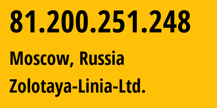 IP-адрес 81.200.251.248 (Москва, Москва, Россия) определить местоположение, координаты на карте, ISP провайдер AS41148 Zolotaya-Linia-Ltd. // кто провайдер айпи-адреса 81.200.251.248