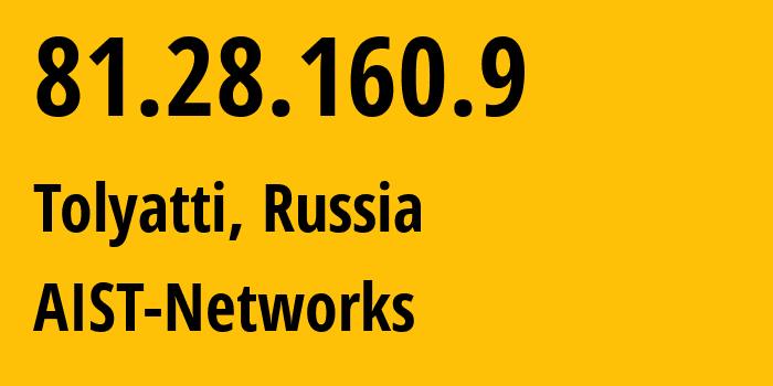 IP-адрес 81.28.160.9 (Тольятти, Самарская Область, Россия) определить местоположение, координаты на карте, ISP провайдер AS8439 AIST-Networks // кто провайдер айпи-адреса 81.28.160.9