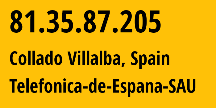 IP-адрес 81.35.87.205 (Кольядо-Вильяльба, Область Мадрид, Испания) определить местоположение, координаты на карте, ISP провайдер AS3352 Telefonica-de-Espana-SAU // кто провайдер айпи-адреса 81.35.87.205