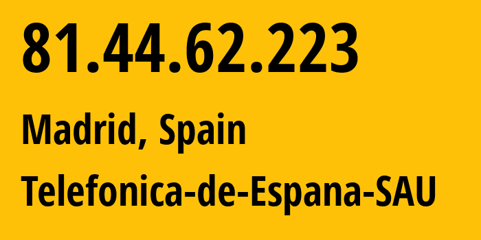 IP address 81.44.62.223 (Madrid, Madrid, Spain) get location, coordinates on map, ISP provider AS3352 Telefonica-de-Espana-SAU // who is provider of ip address 81.44.62.223, whose IP address