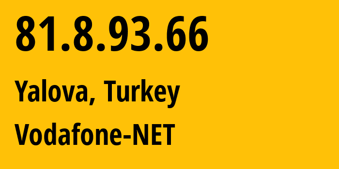 IP address 81.8.93.66 (Yalova, Yalova, Turkey) get location, coordinates on map, ISP provider AS15924 Vodafone-NET // who is provider of ip address 81.8.93.66, whose IP address