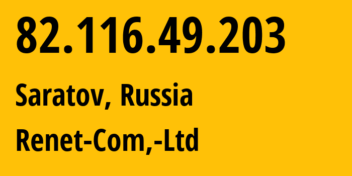 IP-адрес 82.116.49.203 (Саратов, Саратовская Область, Россия) определить местоположение, координаты на карте, ISP провайдер AS30936 Renet-Com,-Ltd // кто провайдер айпи-адреса 82.116.49.203