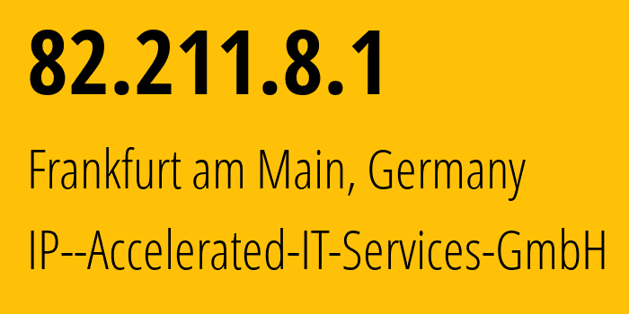 IP-адрес 82.211.8.1 (Франкфурт, Гессен, Германия) определить местоположение, координаты на карте, ISP провайдер AS44066 IP--Accelerated-IT-Services-GmbH // кто провайдер айпи-адреса 82.211.8.1