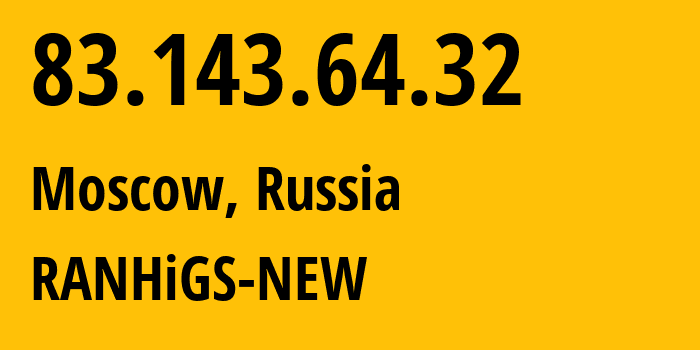 IP-адрес 83.143.64.32 (Москва, Москва, Россия) определить местоположение, координаты на карте, ISP провайдер AS62133 RANHiGS-NEW // кто провайдер айпи-адреса 83.143.64.32