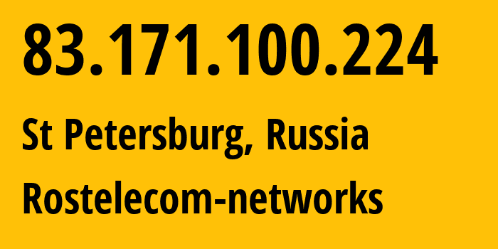 IP-адрес 83.171.100.224 (Санкт-Петербург, Санкт-Петербург, Россия) определить местоположение, координаты на карте, ISP провайдер AS12389 Rostelecom-networks // кто провайдер айпи-адреса 83.171.100.224