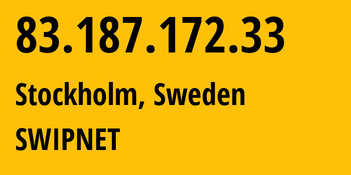 IP address 83.187.172.33 (Stockholm, Stockholm, Sweden) get location, coordinates on map, ISP provider AS1257 SWIPNET // who is provider of ip address 83.187.172.33, whose IP address