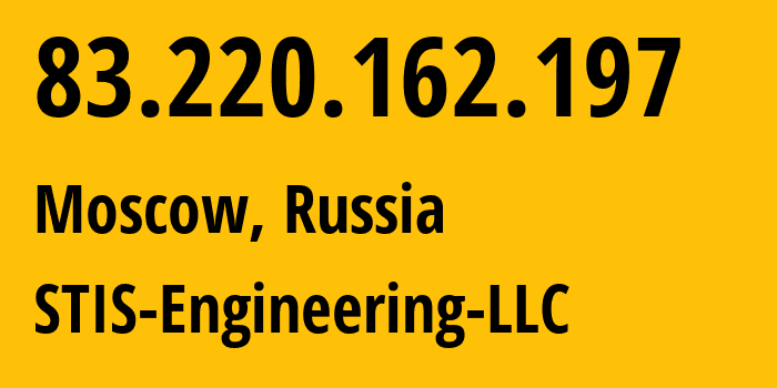 IP address 83.220.162.197 (Moscow, Moscow, Russia) get location, coordinates on map, ISP provider AS31294 STIS-Engineering-LLC // who is provider of ip address 83.220.162.197, whose IP address