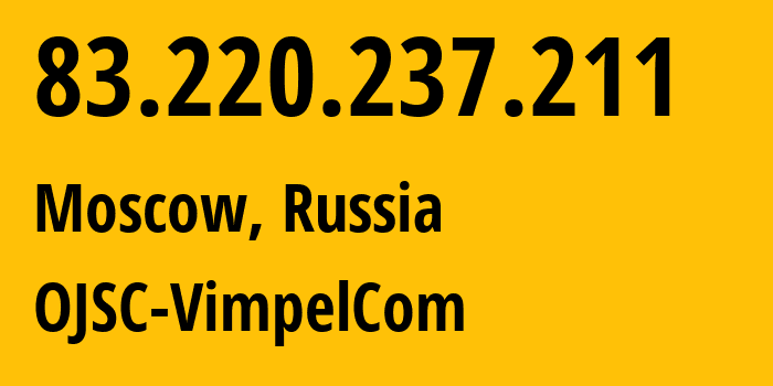 IP-адрес 83.220.237.211 (Москва, Москва, Россия) определить местоположение, координаты на карте, ISP провайдер AS16345 OJSC-VimpelCom // кто провайдер айпи-адреса 83.220.237.211