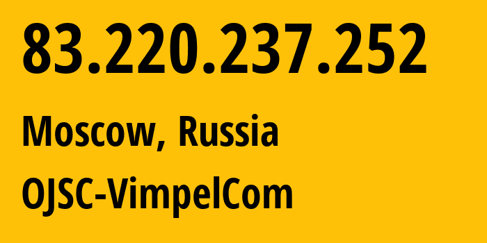 IP-адрес 83.220.237.252 (Москва, Москва, Россия) определить местоположение, координаты на карте, ISP провайдер AS16345 OJSC-VimpelCom // кто провайдер айпи-адреса 83.220.237.252