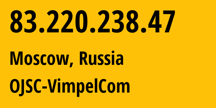 IP-адрес 83.220.238.47 (Москва, Москва, Россия) определить местоположение, координаты на карте, ISP провайдер AS16345 OJSC-VimpelCom // кто провайдер айпи-адреса 83.220.238.47