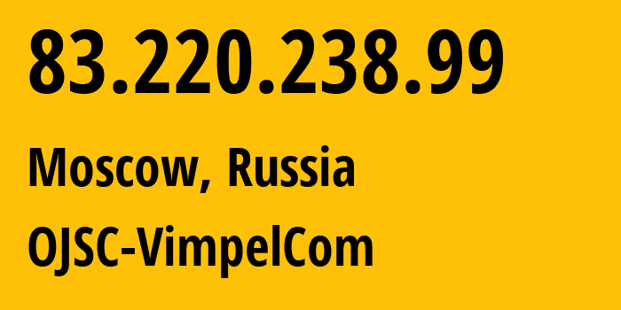 IP address 83.220.238.99 (Moscow, Moscow, Russia) get location, coordinates on map, ISP provider AS16345 OJSC-VimpelCom // who is provider of ip address 83.220.238.99, whose IP address