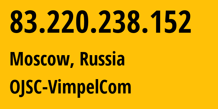 IP-адрес 83.220.238.152 (Москва, Москва, Россия) определить местоположение, координаты на карте, ISP провайдер AS16345 OJSC-VimpelCom // кто провайдер айпи-адреса 83.220.238.152