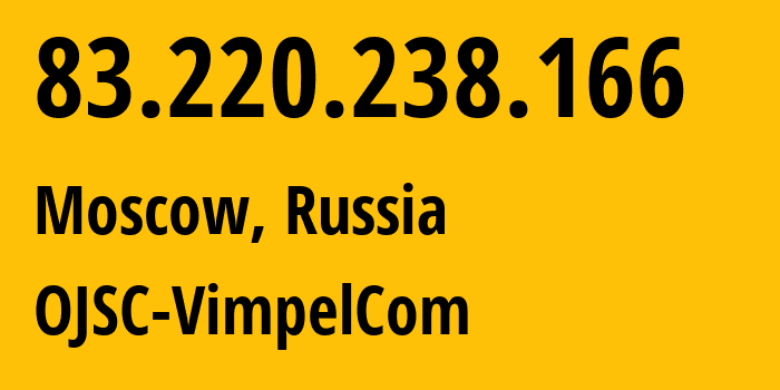 IP-адрес 83.220.238.166 (Москва, Москва, Россия) определить местоположение, координаты на карте, ISP провайдер AS16345 OJSC-VimpelCom // кто провайдер айпи-адреса 83.220.238.166