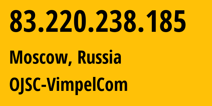 IP-адрес 83.220.238.185 (Москва, Москва, Россия) определить местоположение, координаты на карте, ISP провайдер AS16345 OJSC-VimpelCom // кто провайдер айпи-адреса 83.220.238.185