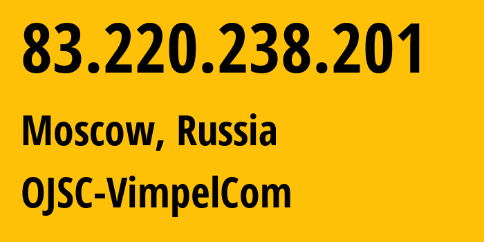 IP address 83.220.238.201 (Moscow, Moscow, Russia) get location, coordinates on map, ISP provider AS16345 OJSC-VimpelCom // who is provider of ip address 83.220.238.201, whose IP address