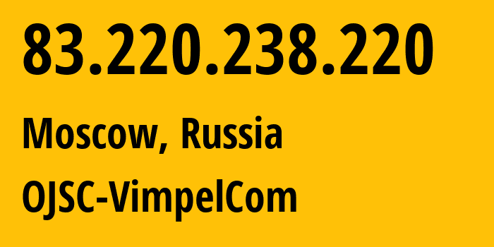 IP-адрес 83.220.238.220 (Москва, Москва, Россия) определить местоположение, координаты на карте, ISP провайдер AS16345 OJSC-VimpelCom // кто провайдер айпи-адреса 83.220.238.220