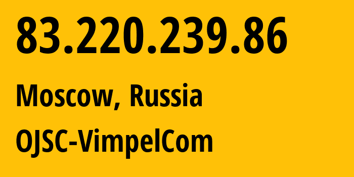 IP address 83.220.239.86 (Moscow, Moscow, Russia) get location, coordinates on map, ISP provider AS16345 OJSC-VimpelCom // who is provider of ip address 83.220.239.86, whose IP address