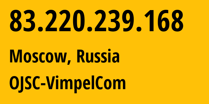 IP-адрес 83.220.239.168 (Москва, Москва, Россия) определить местоположение, координаты на карте, ISP провайдер AS16345 OJSC-VimpelCom // кто провайдер айпи-адреса 83.220.239.168