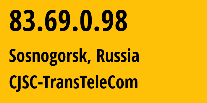 IP-адрес 83.69.0.98 (Сосногорск, Коми, Россия) определить местоположение, координаты на карте, ISP провайдер AS21191 CJSC-TransTeleCom // кто провайдер айпи-адреса 83.69.0.98