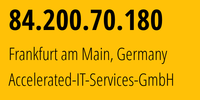 IP address 84.200.70.180 (Frankfurt am Main, Hesse, Germany) get location, coordinates on map, ISP provider AS44066 Accelerated-IT-Services-GmbH // who is provider of ip address 84.200.70.180, whose IP address