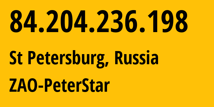 IP address 84.204.236.198 (St Petersburg, St.-Petersburg, Russia) get location, coordinates on map, ISP provider AS20632 ZAO-PeterStar // who is provider of ip address 84.204.236.198, whose IP address