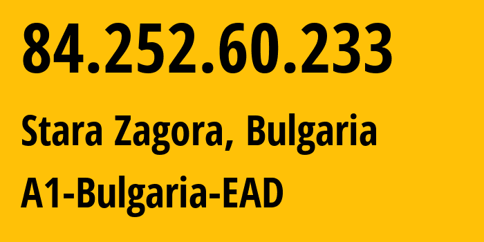 IP-адрес 84.252.60.233 (Стара-Загора, Stara Zagora, Болгария) определить местоположение, координаты на карте, ISP провайдер AS13124 A1-Bulgaria-EAD // кто провайдер айпи-адреса 84.252.60.233