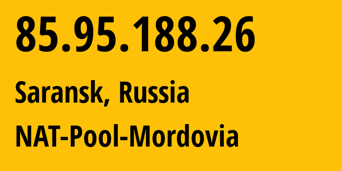 IP-адрес 85.95.188.26 (Саранск, Мордовия, Россия) определить местоположение, координаты на карте, ISP провайдер AS12389 NAT-Pool-Mordovia // кто провайдер айпи-адреса 85.95.188.26