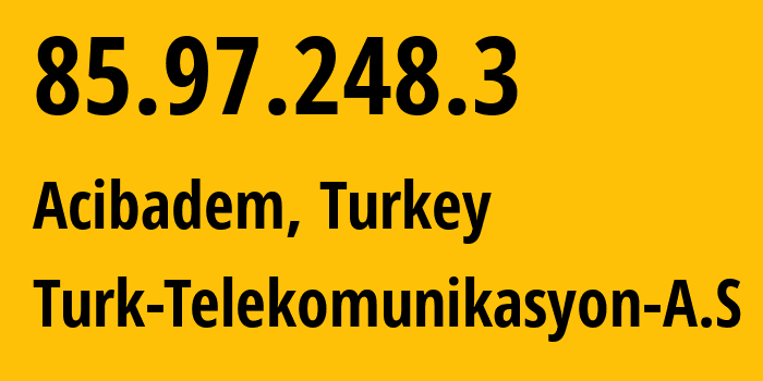 IP-адрес 85.97.248.3 (Acibadem, Стамбул, Турция) определить местоположение, координаты на карте, ISP провайдер AS9121 Turk-Telekomunikasyon-A.S // кто провайдер айпи-адреса 85.97.248.3