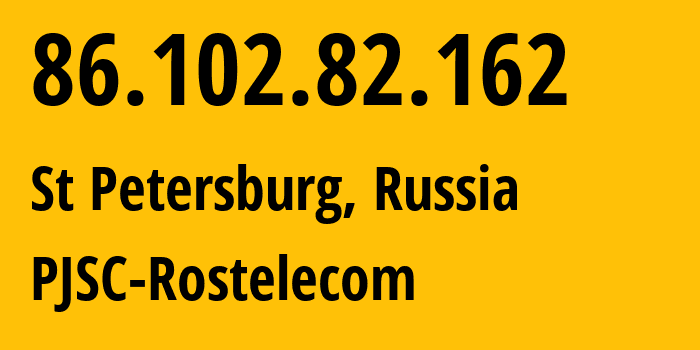 IP address 86.102.82.162 (St Petersburg, St.-Petersburg, Russia) get location, coordinates on map, ISP provider AS12332 PJSC-Rostelecom // who is provider of ip address 86.102.82.162, whose IP address