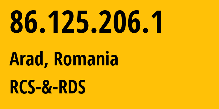 IP address 86.125.206.1 (Arad, Arad County, Romania) get location, coordinates on map, ISP provider AS8708 RCS-&-RDS // who is provider of ip address 86.125.206.1, whose IP address