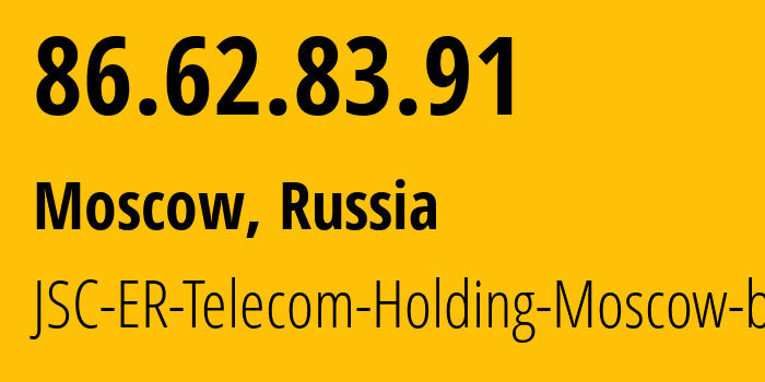 IP-адрес 86.62.83.91 (Москва, Москва, Россия) определить местоположение, координаты на карте, ISP провайдер AS8331 JSC-ER-Telecom-Holding-Moscow-branch // кто провайдер айпи-адреса 86.62.83.91