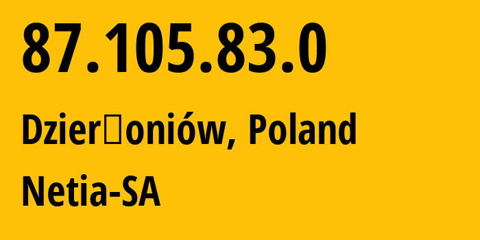 IP-адрес 87.105.83.0 (Дзержонюв, Нижнесилезское воеводство, Польша) определить местоположение, координаты на карте, ISP провайдер AS12741 Netia-SA // кто провайдер айпи-адреса 87.105.83.0