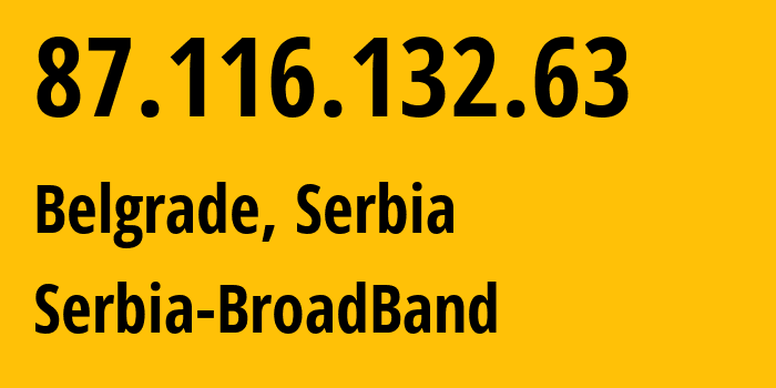IP-адрес 87.116.132.63 (Белград, Belgrade, Сербия) определить местоположение, координаты на карте, ISP провайдер AS31042 Serbia-BroadBand // кто провайдер айпи-адреса 87.116.132.63