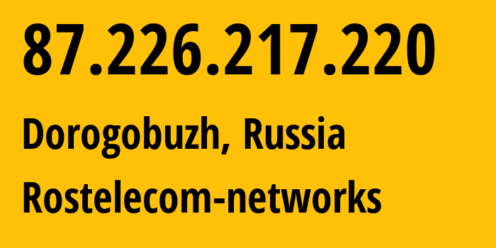 IP address 87.226.217.220 (Dorogobuzh, Smolensk Oblast, Russia) get location, coordinates on map, ISP provider AS12389 Rostelecom-networks // who is provider of ip address 87.226.217.220, whose IP address