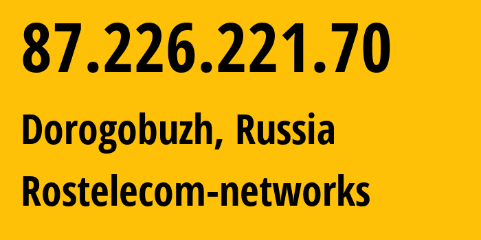 IP address 87.226.221.70 (Dorogobuzh, Smolensk Oblast, Russia) get location, coordinates on map, ISP provider AS12389 Rostelecom-networks // who is provider of ip address 87.226.221.70, whose IP address