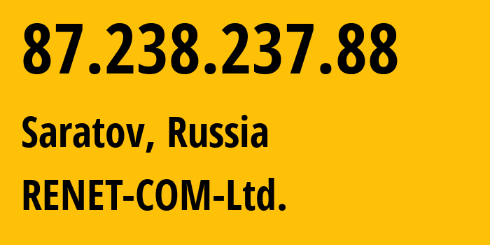 IP-адрес 87.238.237.88 (Саратов, Саратовская Область, Россия) определить местоположение, координаты на карте, ISP провайдер AS30936 RENET-COM-Ltd. // кто провайдер айпи-адреса 87.238.237.88