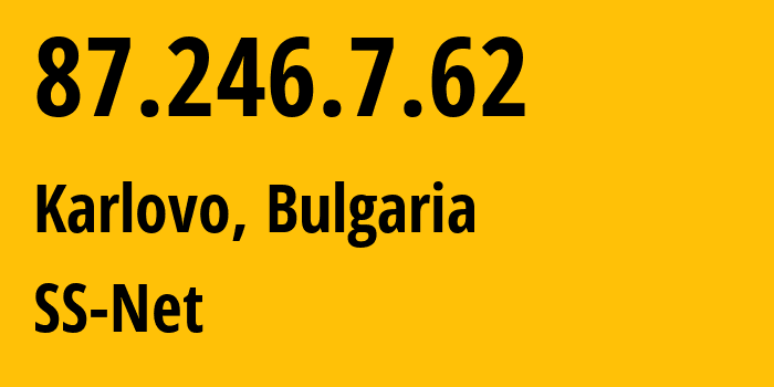 IP-адрес 87.246.7.62 (Карлово, Plovdiv, Болгария) определить местоположение, координаты на карте, ISP провайдер AS204428 SS-Net // кто провайдер айпи-адреса 87.246.7.62