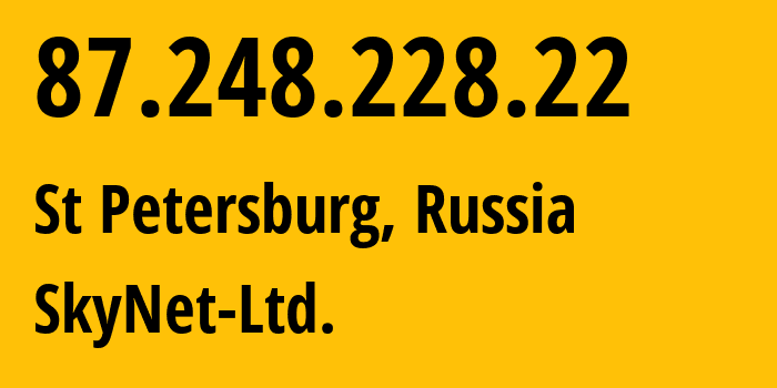 IP-адрес 87.248.228.22 (Санкт-Петербург, Санкт-Петербург, Россия) определить местоположение, координаты на карте, ISP провайдер AS35807 SkyNet-Ltd. // кто провайдер айпи-адреса 87.248.228.22