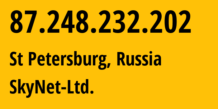 IP-адрес 87.248.232.202 (Санкт-Петербург, Санкт-Петербург, Россия) определить местоположение, координаты на карте, ISP провайдер AS35807 SkyNet-Ltd. // кто провайдер айпи-адреса 87.248.232.202