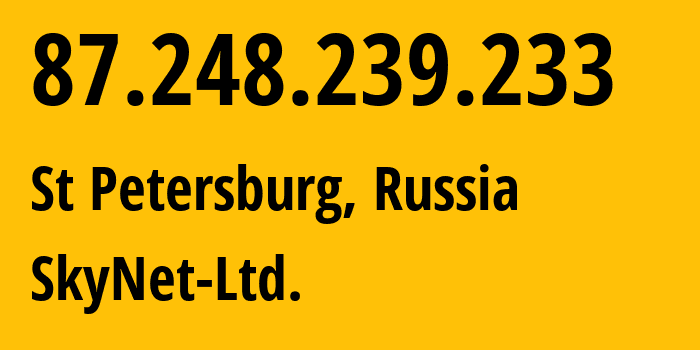 IP-адрес 87.248.239.233 (Санкт-Петербург, Санкт-Петербург, Россия) определить местоположение, координаты на карте, ISP провайдер AS35807 SkyNet-Ltd. // кто провайдер айпи-адреса 87.248.239.233