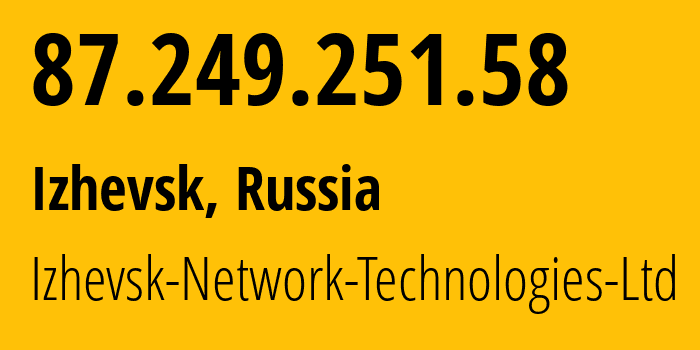 IP address 87.249.251.58 (Izhevsk, Udmurtiya Republic, Russia) get location, coordinates on map, ISP provider AS35558 Izhevsk-Network-Technologies-Ltd // who is provider of ip address 87.249.251.58, whose IP address